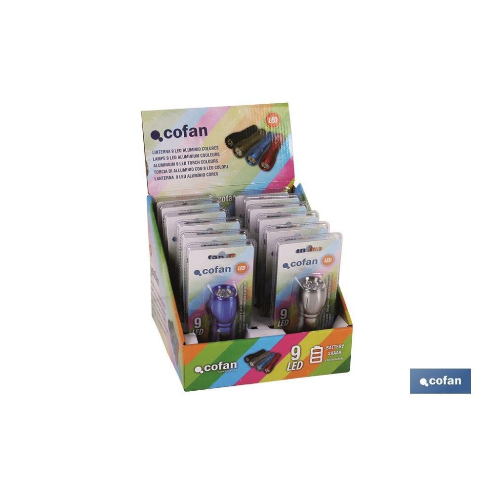 EXPOSITOR 12 UDS LINTERNA 9 LED ALUMINIO COLORES (PACK: 1 UDS)