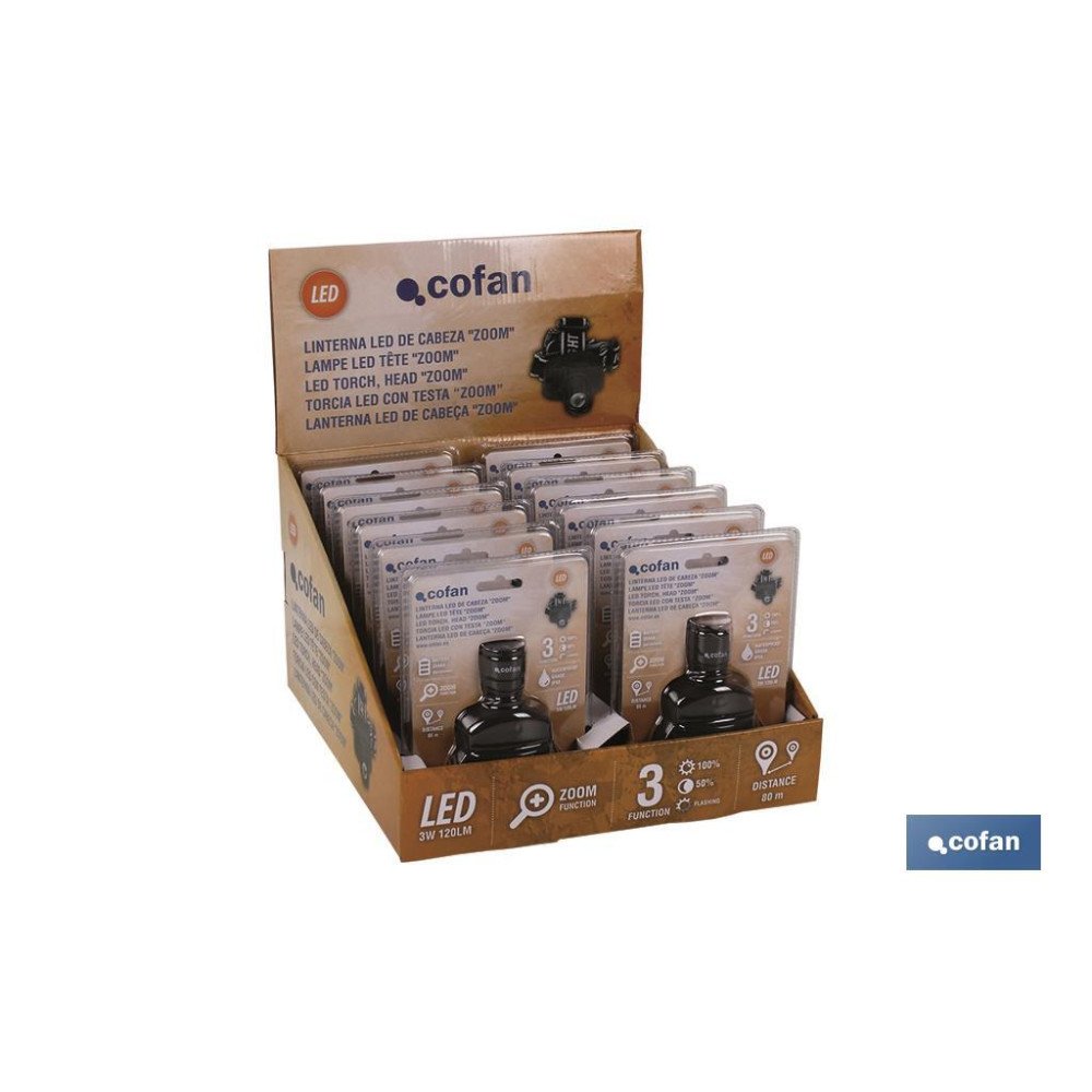 EXPOSITOR 12 UDS LINTERNA LED CABEZA ZOOM (PACK: 1 UDS)