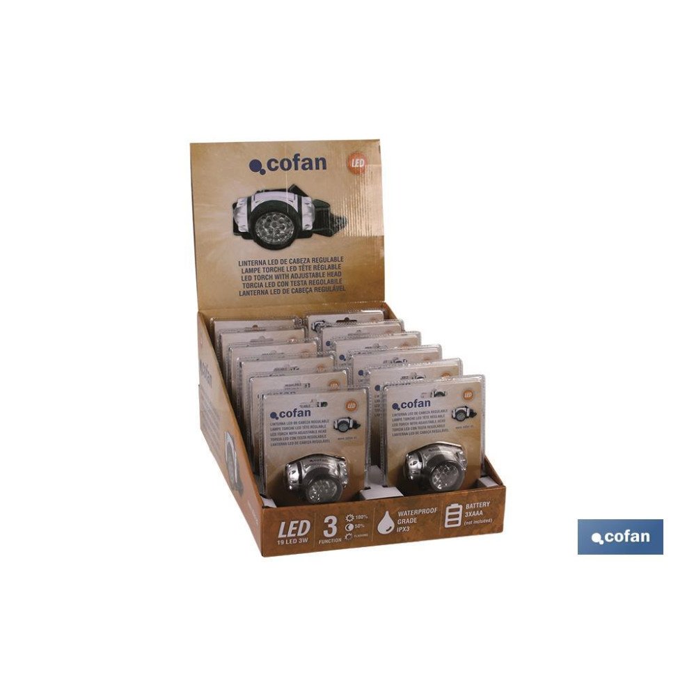 EXPOSITOR 12 UDS LINTERNA CABEZA 19 LED REGULABLE (PACK: 1 UDS)