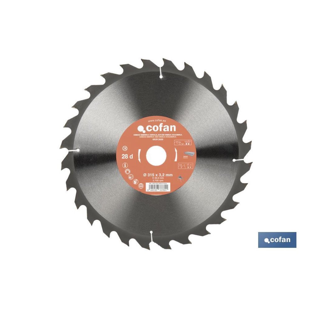 DISCO DE SIERRA CIRCULAR DE MESA PARA MADERA Ø315 X 3,2 X 30 MM, 28 DIENTES (PACK: 1 UDS)