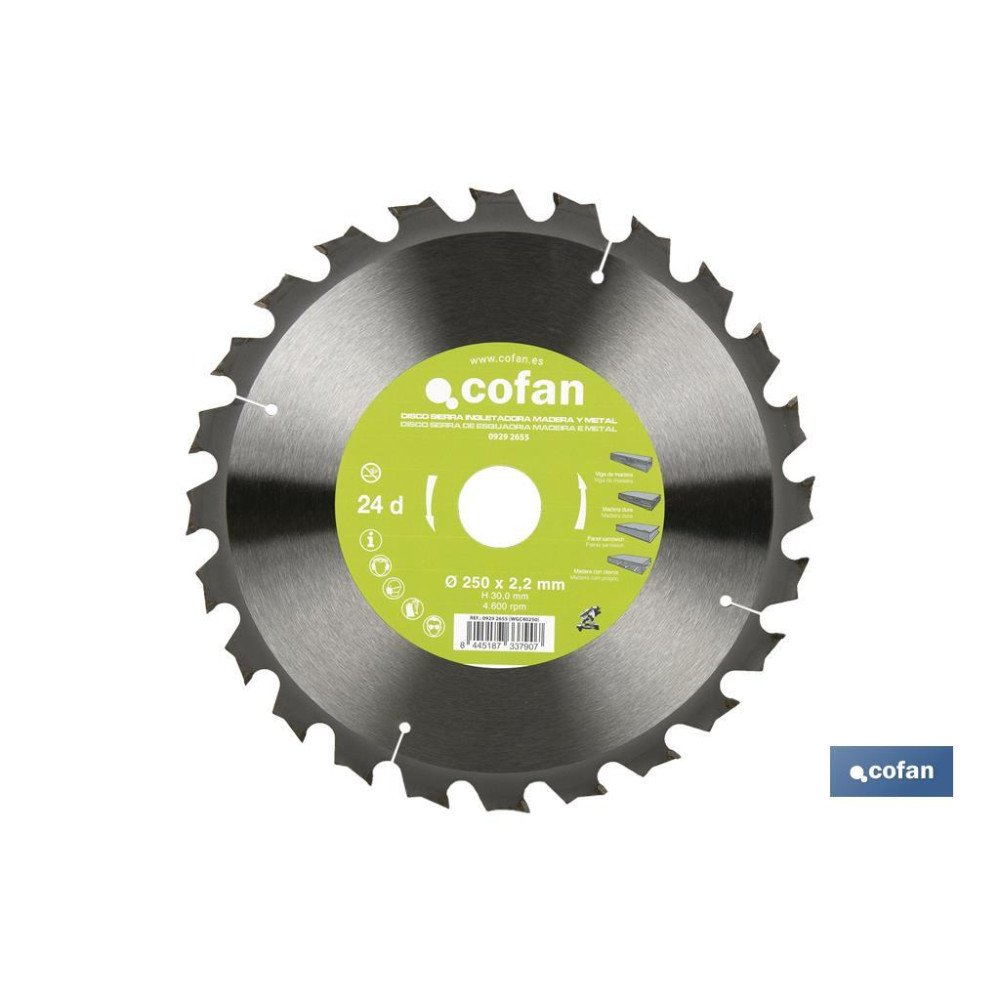DISCO DE SIERRA INGLETADORA PARA MADERA/METAL Ø250 X 2,2 X 30 MM, 24 DIENTES (PACK: 1 UDS)