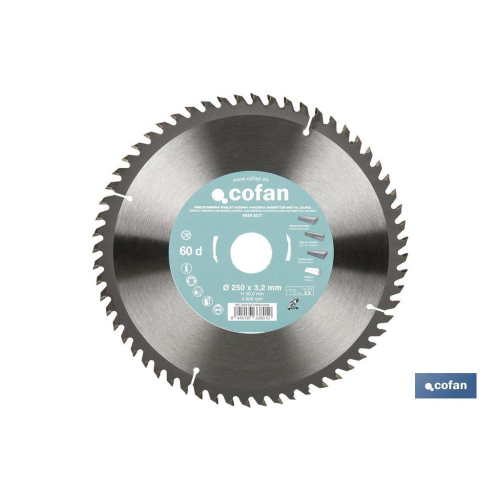 DISCO DE SIERRA INGLETADORA PARA MADERA CON INSERTOS DE METAL DURO Ø250 X 3,2 X 30 MM, 60 DIENTES (PACK: 1 UDS)