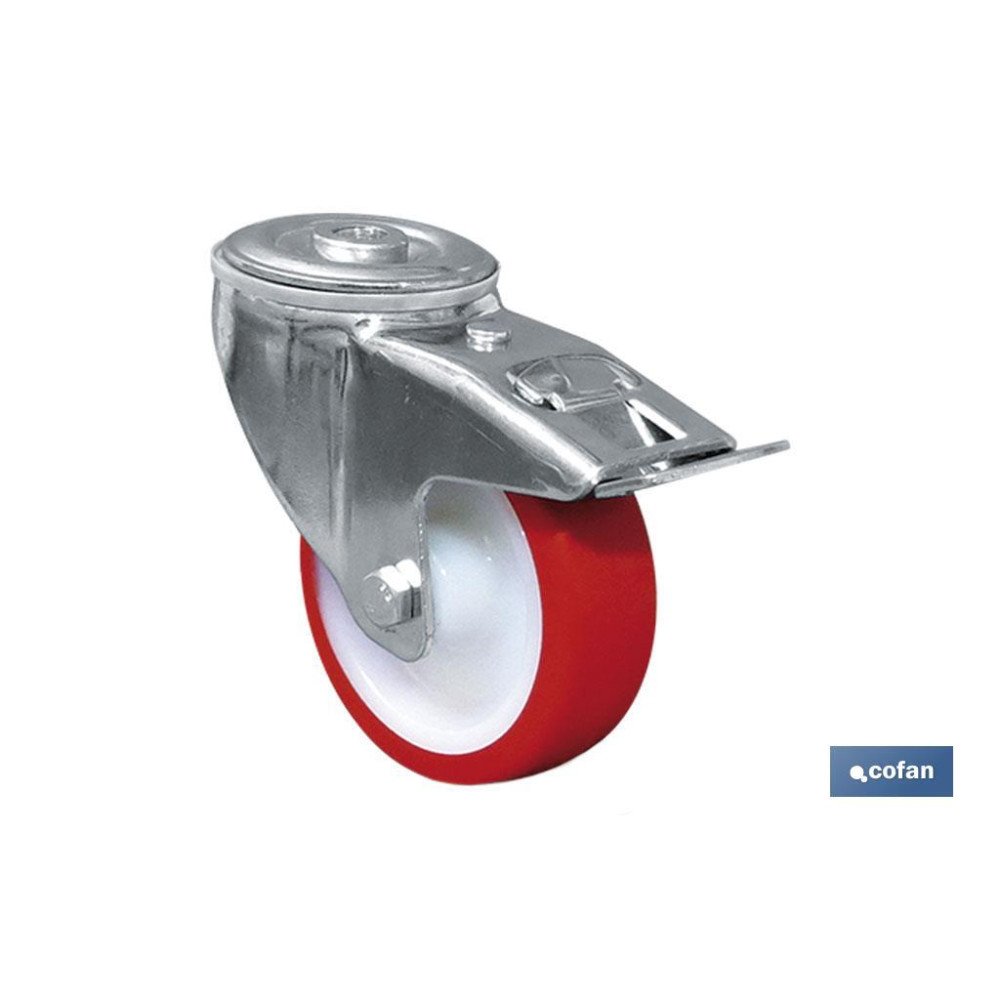 RUEDA POLIURETANO PASANTE/FRENO Ø125X35MM (PACK: 1 UDS)