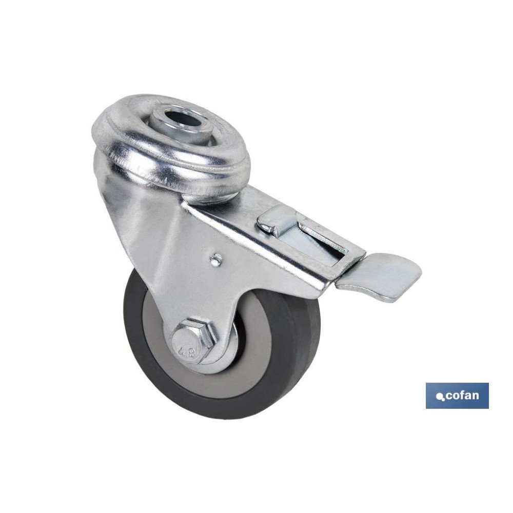 RUEDA DE GOMA GRIS CON AGUJERO PASANTE Y FRENO Ø50 X 18 MM (PACK: 4 UDS)