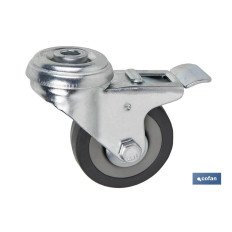 RUEDA DE GOMA GRIS CON AGUJERO PASANTE Y FRENO Ø50 X 18 MM (PACK: 4 UDS)