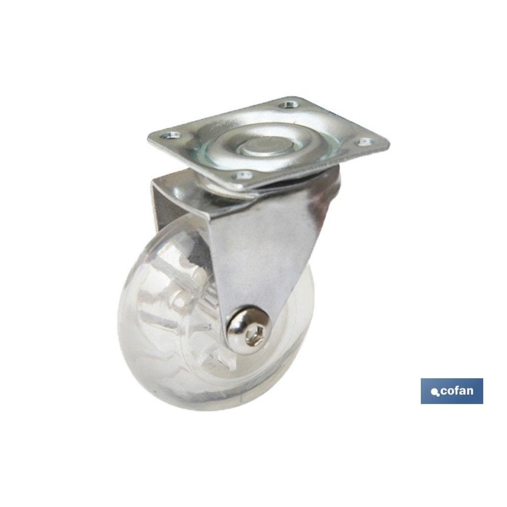 RUEDA TRANSP/CROMADO PLACA PU Ø35MM (PACK: 1 UDS)