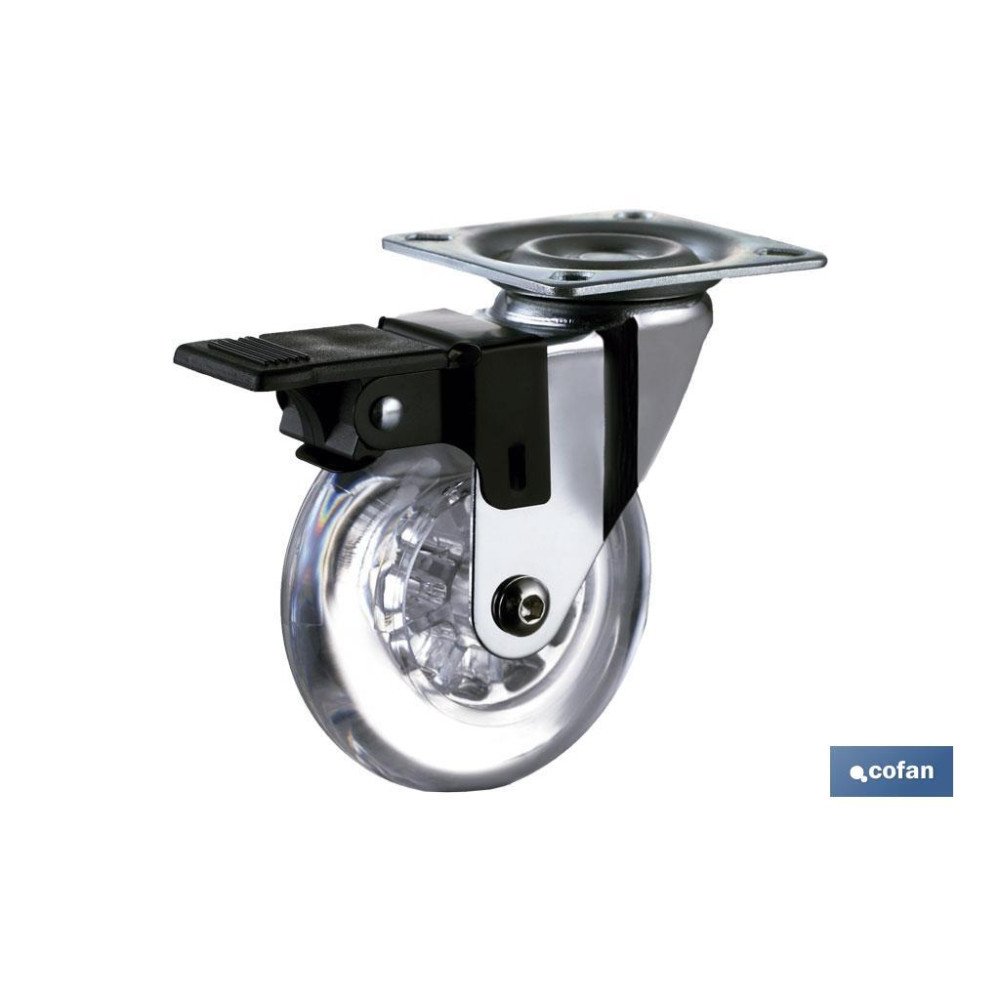 RUEDA TRANSP/CROMADO PLACA/FRENO PU Ø35MM (PACK: 1 UDS)