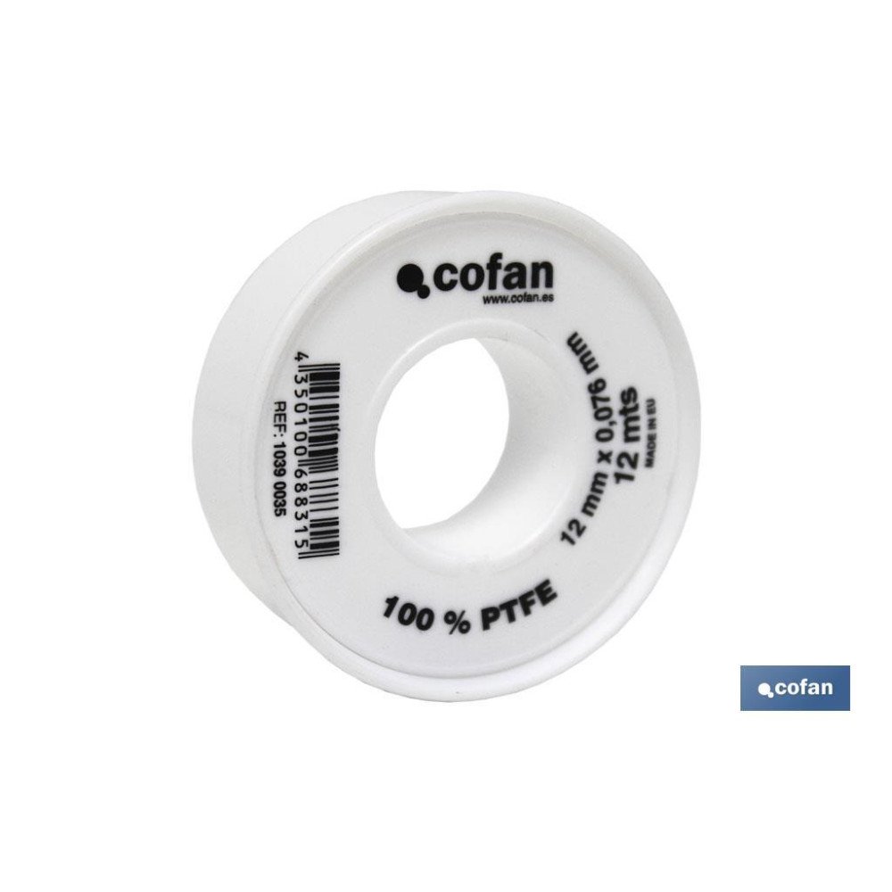 ROLLO 12 MTS CINTA PTFE DE 12mm X 0,076mm venta unitaria (PACK: 1 UDS)