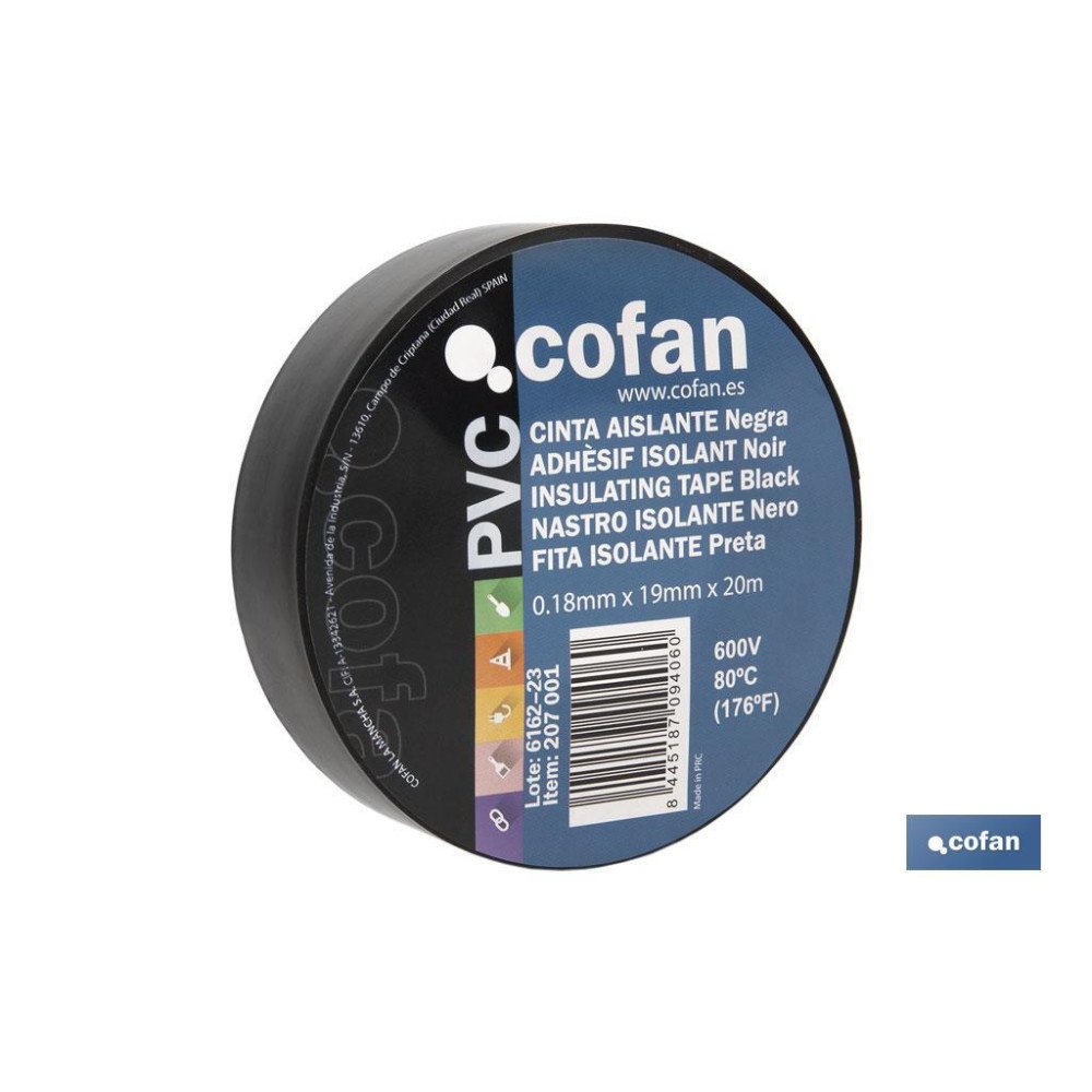 CINTA AISLANTE 180 Micras NEGRA 19mmX20 Metros (PACK: 10 UDS)