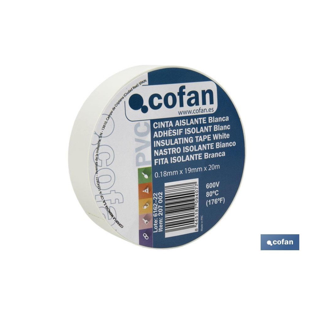 CINTA AISLANTE 180 Micras BLANCA 19mmX20 Metros venta unitaria (PACK: 1 UDS)
