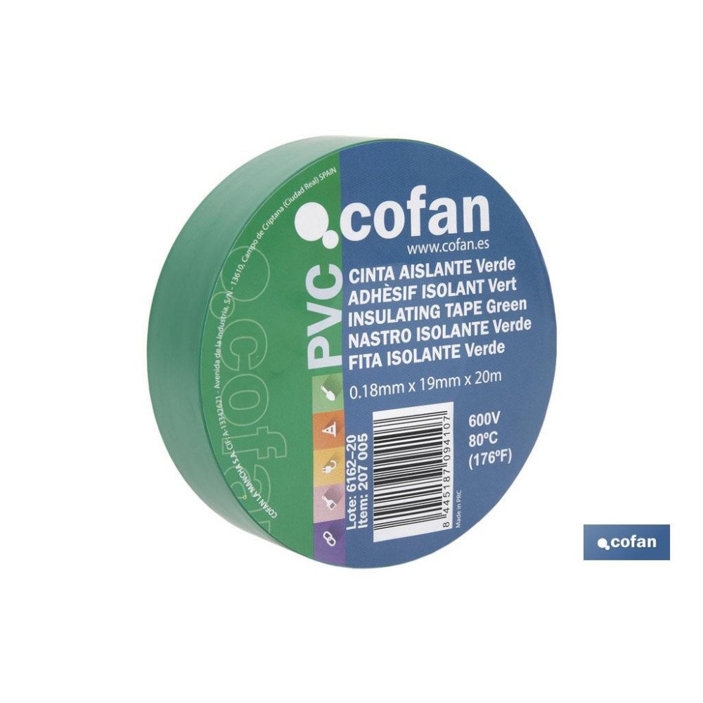 CINTA AISLANTE 180 Micras VERDE 19mmX20 Metros venta unitaria (PACK: 1 UDS)