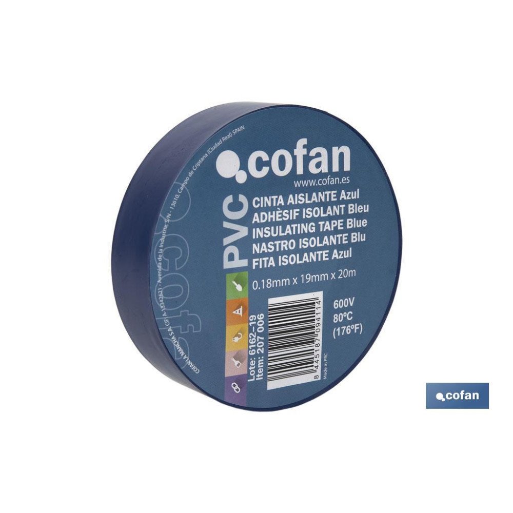 CINTA AISLANTE 180 Micras AZUL 19mmX20 Metros venta unitaria (PACK: 1 UDS)