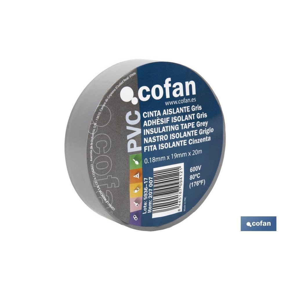 CINTA AISLANTE 180 Micras GRIS 19mmX20 Metros (PACK: 10 UDS)