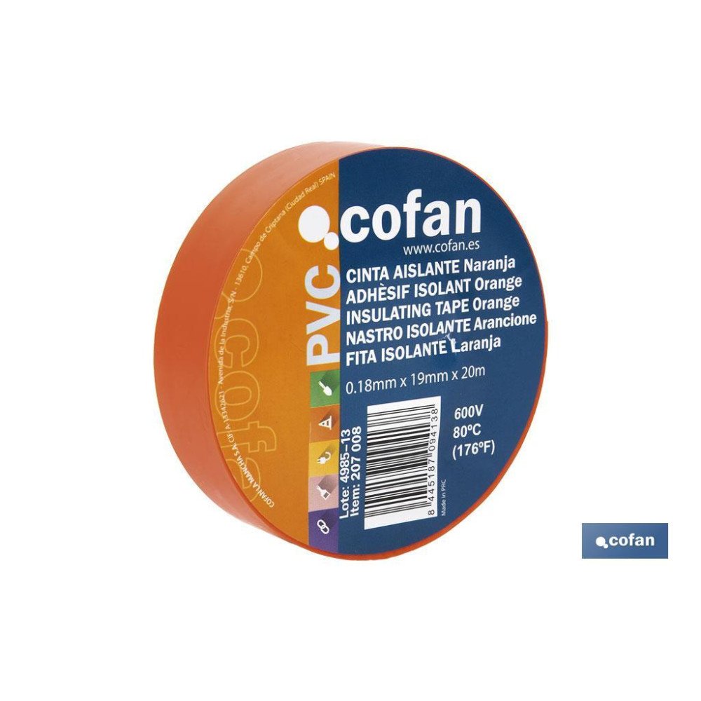 CINTA AISLANTE 180 Micras NARANJA 19mmX20 Metros (PACK: 10 UDS)