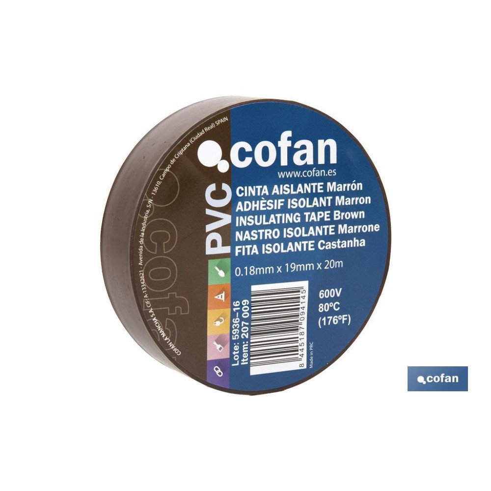 CINTA AISLANTE 180 Micras MARRON 19mmX20 Metros venta unitaria (PACK: 1 UDS)
