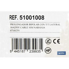 PROLONGADOR BIPOLAR CON T/T LATERAL 16A250V CABLE 10M NARANJA (PACK: 1 UDS)