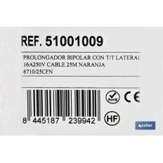 PROLONGADOR BIPOLAR CON T/T LATERAL 16A250V CABLE 25M NARANJA (PACK: 1 UDS)