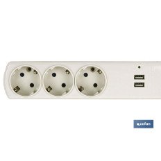 BASE BIPOLAR 3 TOMAS Y PROLONGACIÓN 1,5M CON T/T LATERAL 16A 250V USB (PACK: 1 UDS)
